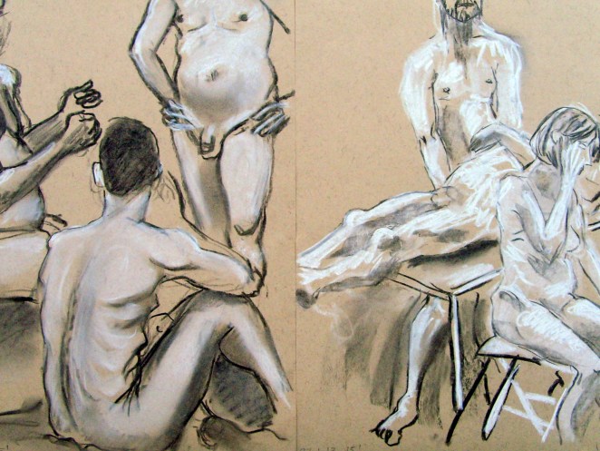 imaginary cards in a tense game to the left, and a woman in mourning (at a nude funeral)