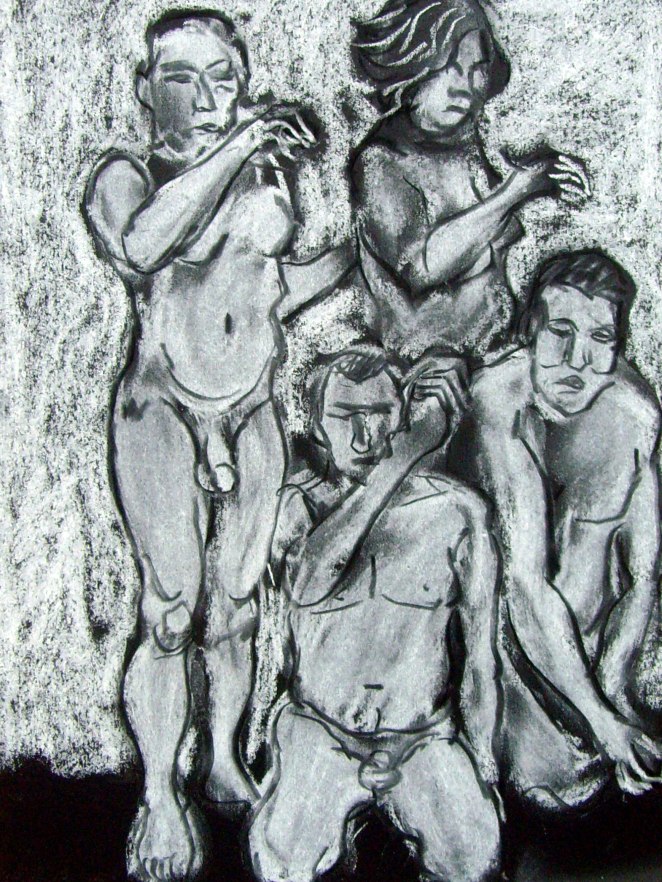 the artists are mirrored by the models in sketching poses!